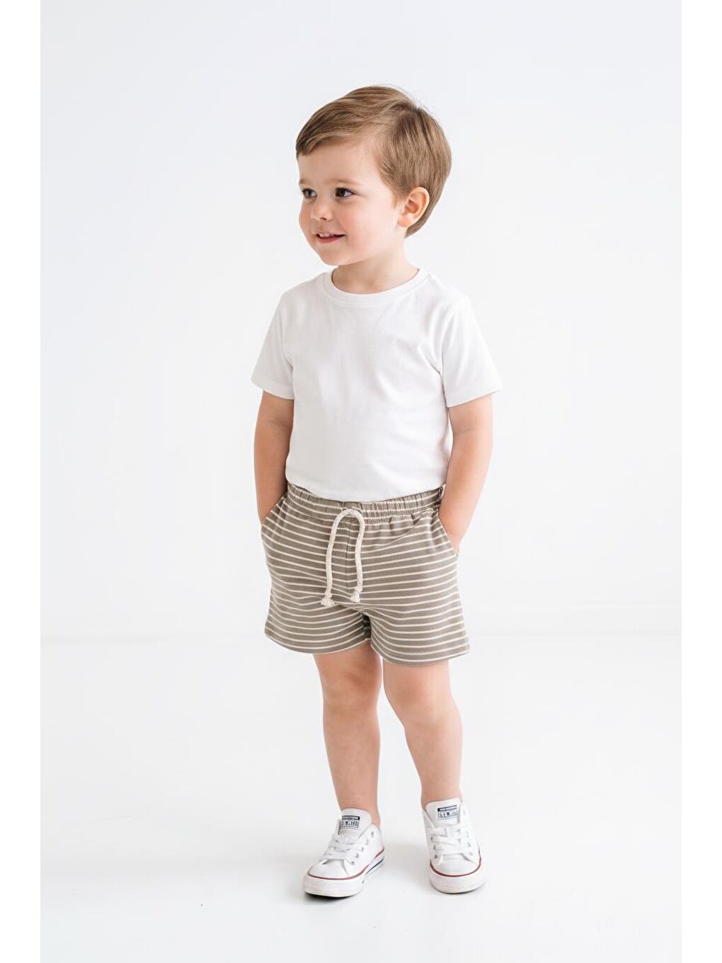 Bej Elastanlı Kabartma Çizgili 2li Şort Paket-1