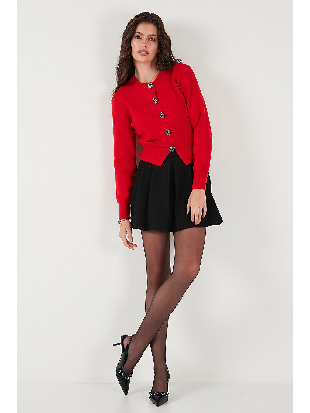 Kırmızı Premium Regular Fit Yuvarlak Yaka Crop Triko Hırka 680HI00110-3