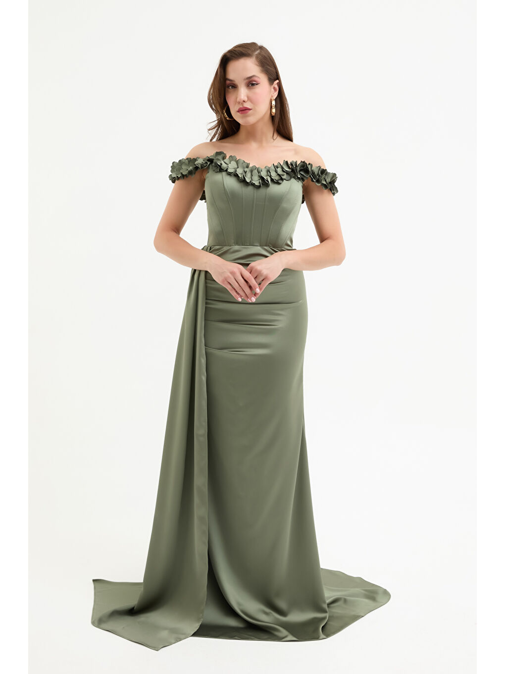 Kadın Haki Yaka Çiçekli Uzun Saten Abiye Elbise-1