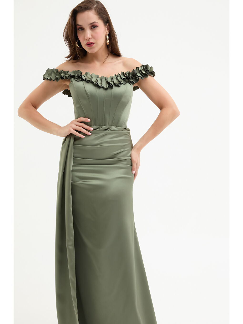 Kadın Haki Yaka Çiçekli Uzun Saten Abiye Elbise-2