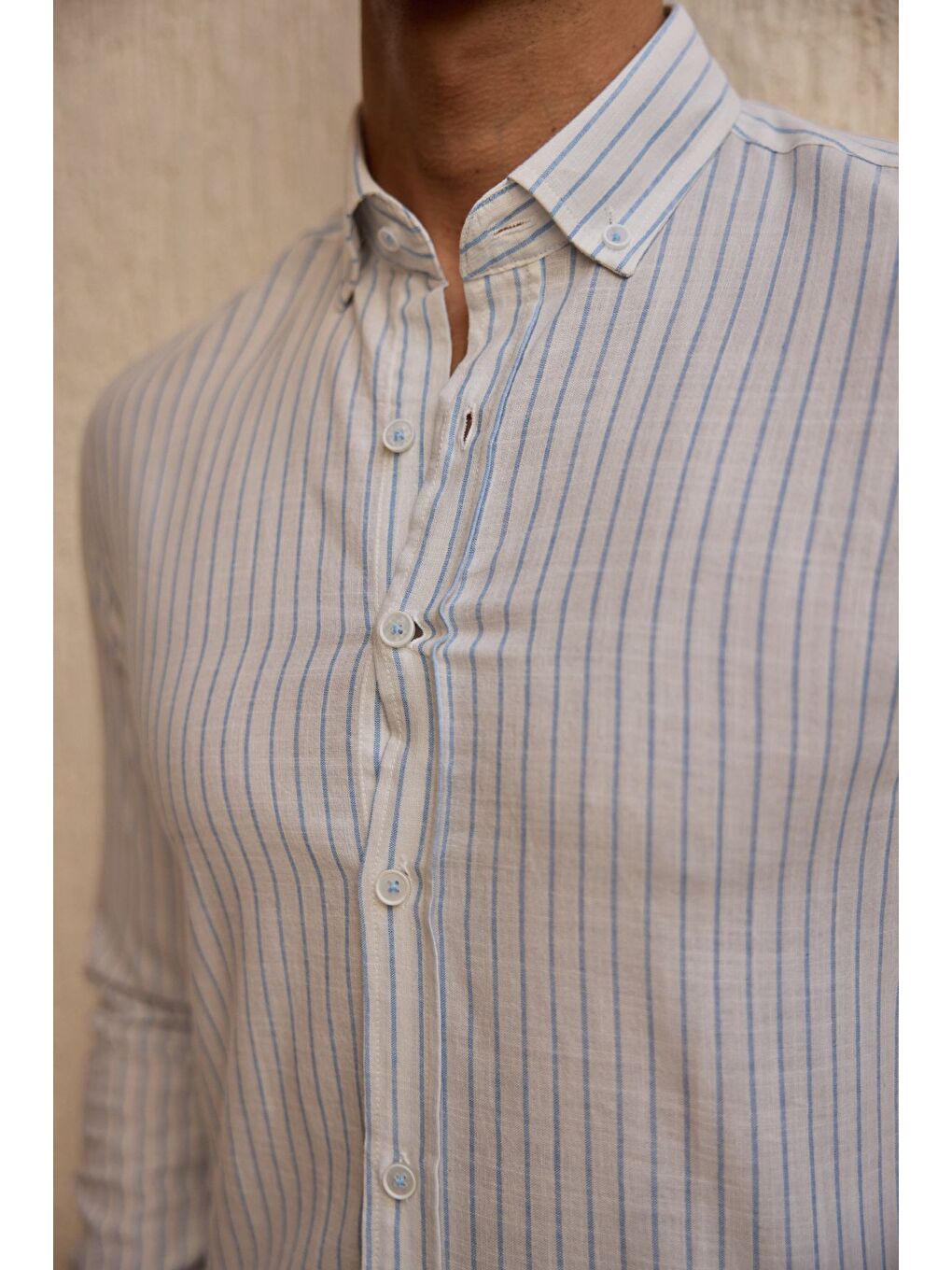 Siyah Onan Erkek Klasik Gömlek Modern Slim Fit Keten Görünümlü İnce Çizgili Desen-7