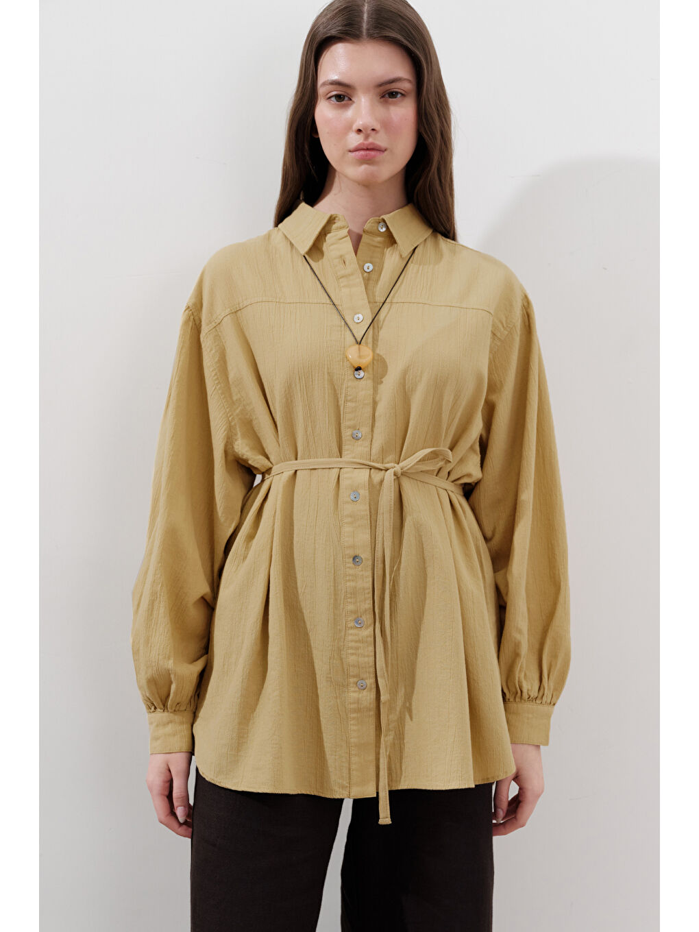 Pamuklu Balon Kol Gömlek Sarı-1