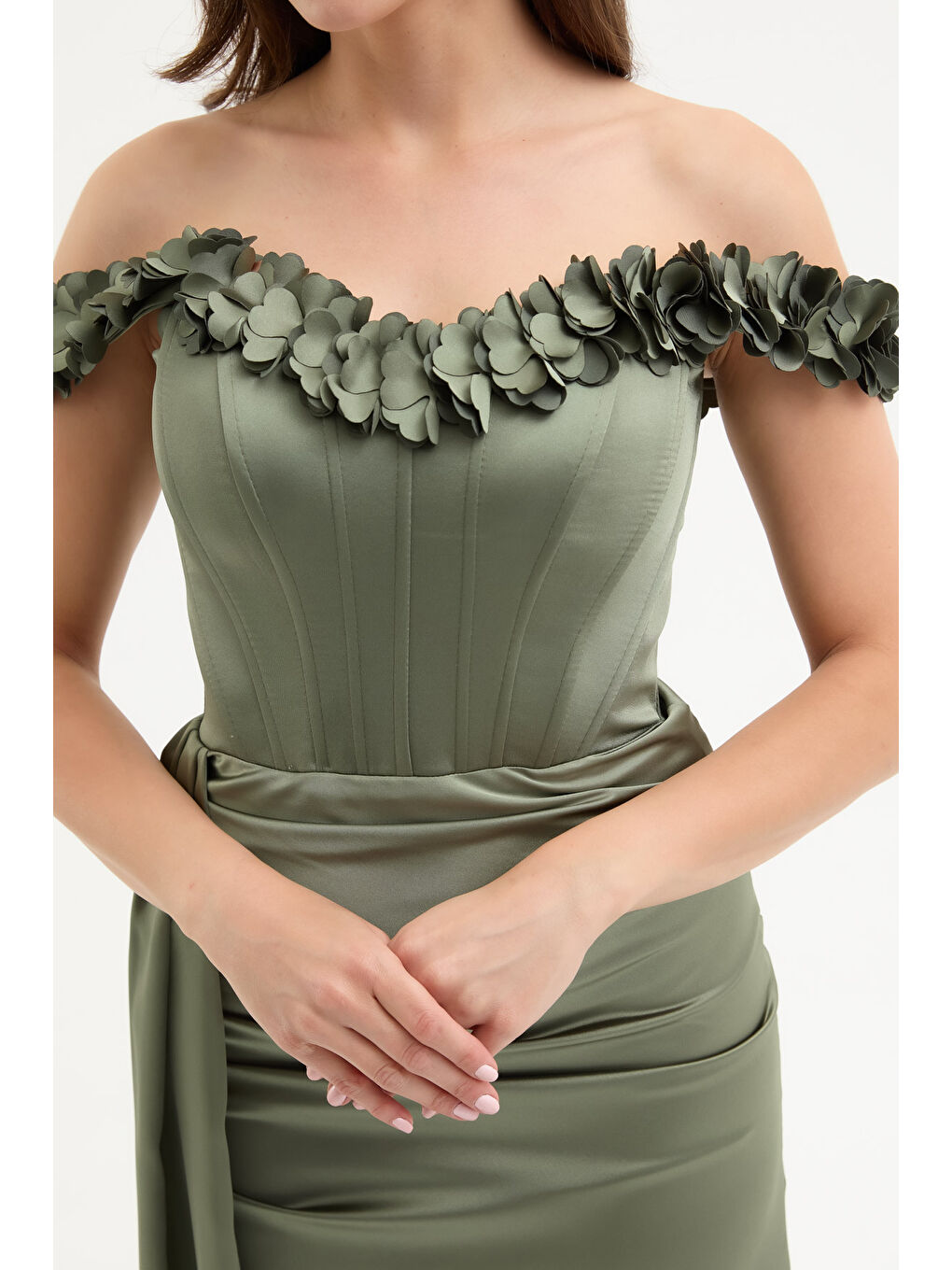 Kadın Haki Yaka Çiçekli Uzun Saten Abiye Elbise-3