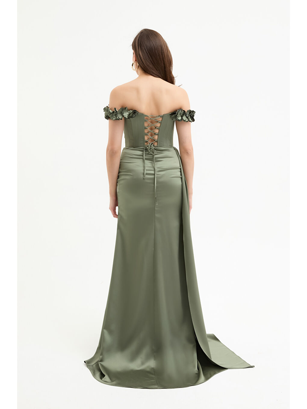 Kadın Haki Yaka Çiçekli Uzun Saten Abiye Elbise-4