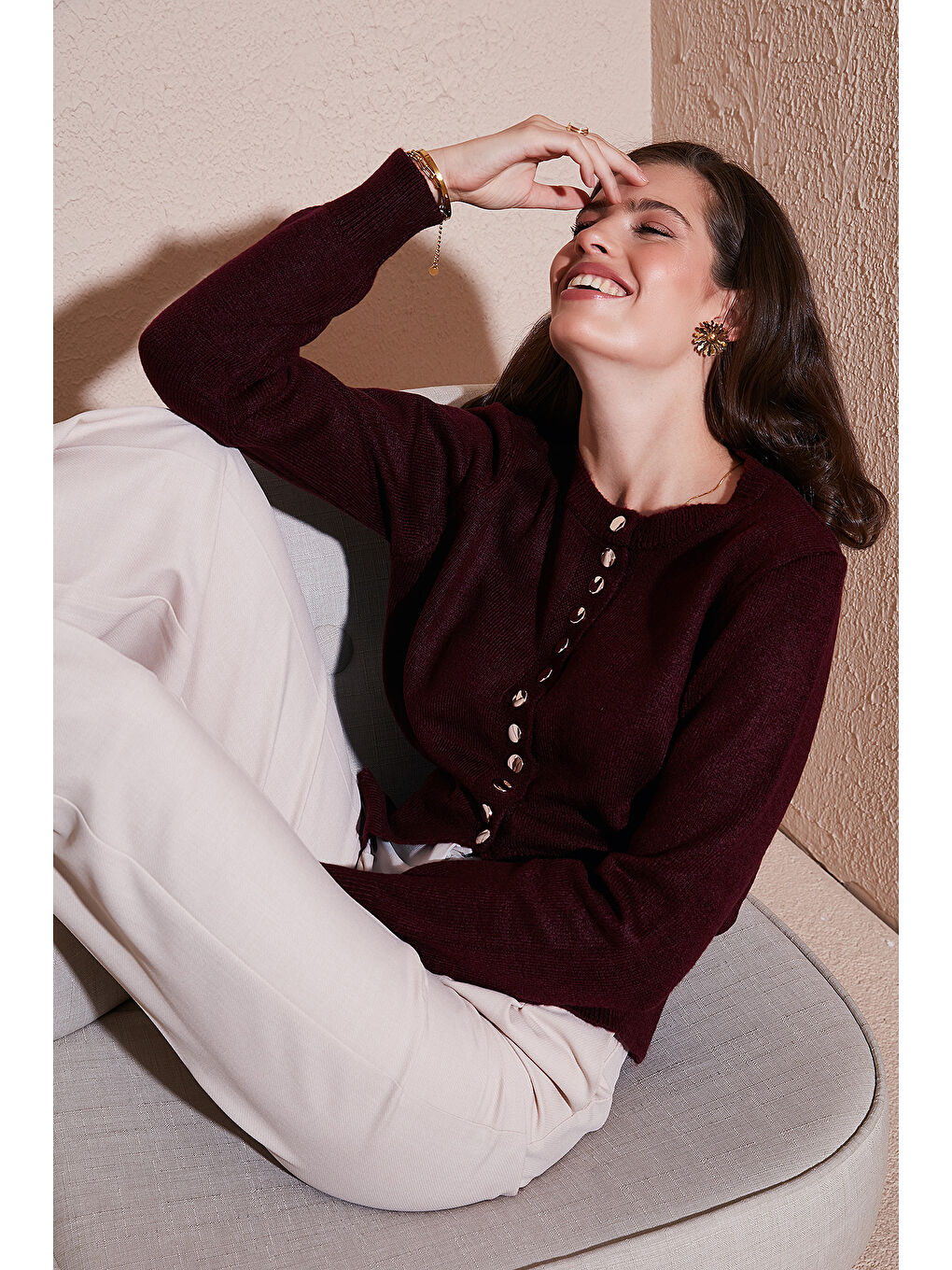 Bordo Premium Comfort Fit Yuvarlak Yaka Crop Triko Hırka 680HI00164-2