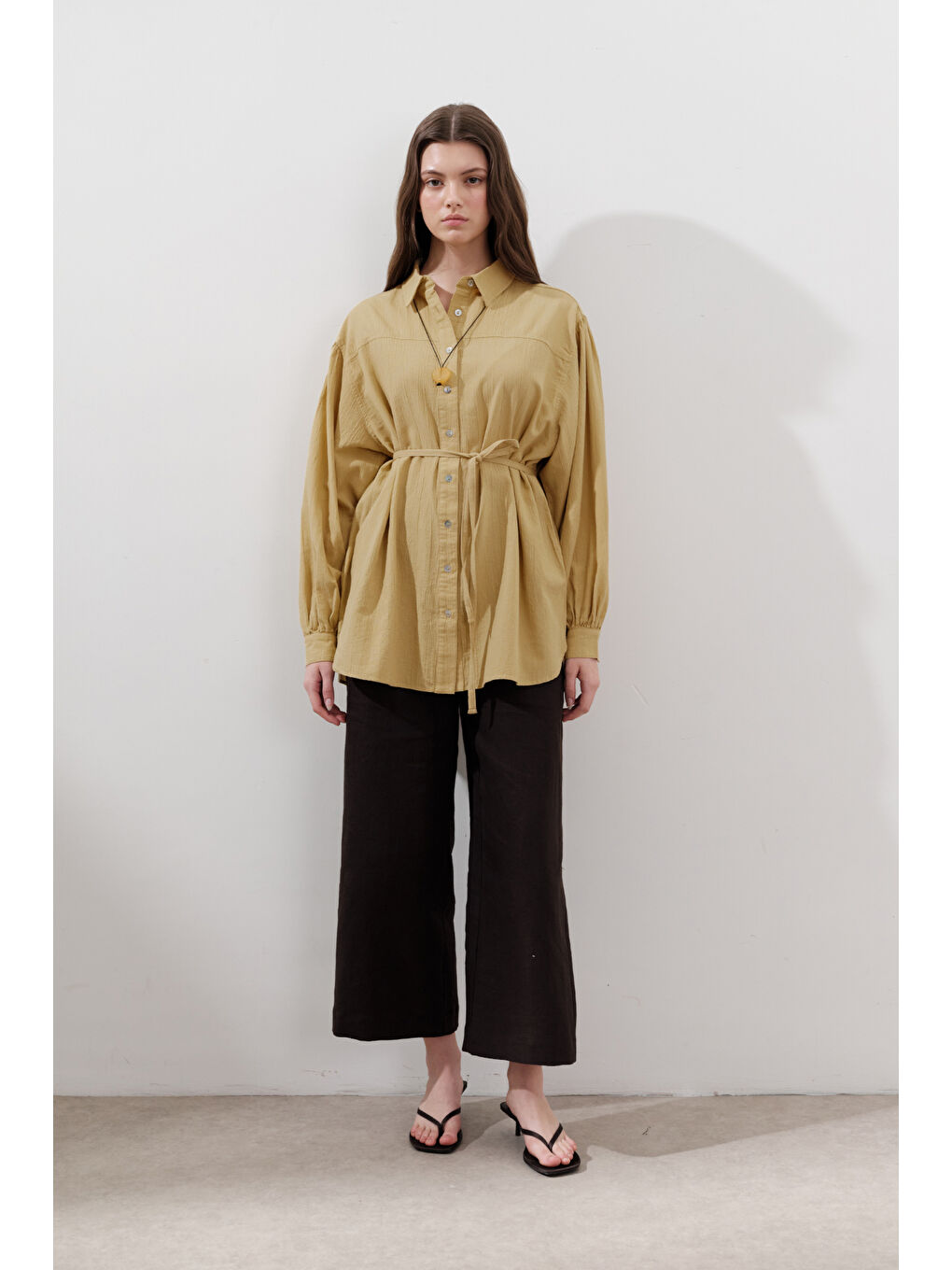 Pamuklu Balon Kol Gömlek Sarı-2