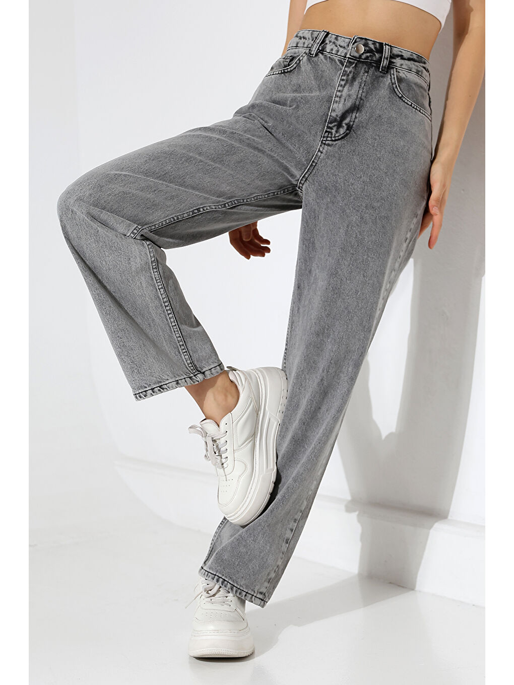 Kadın Gri Yüksek Bel Bol Paça Jean-1