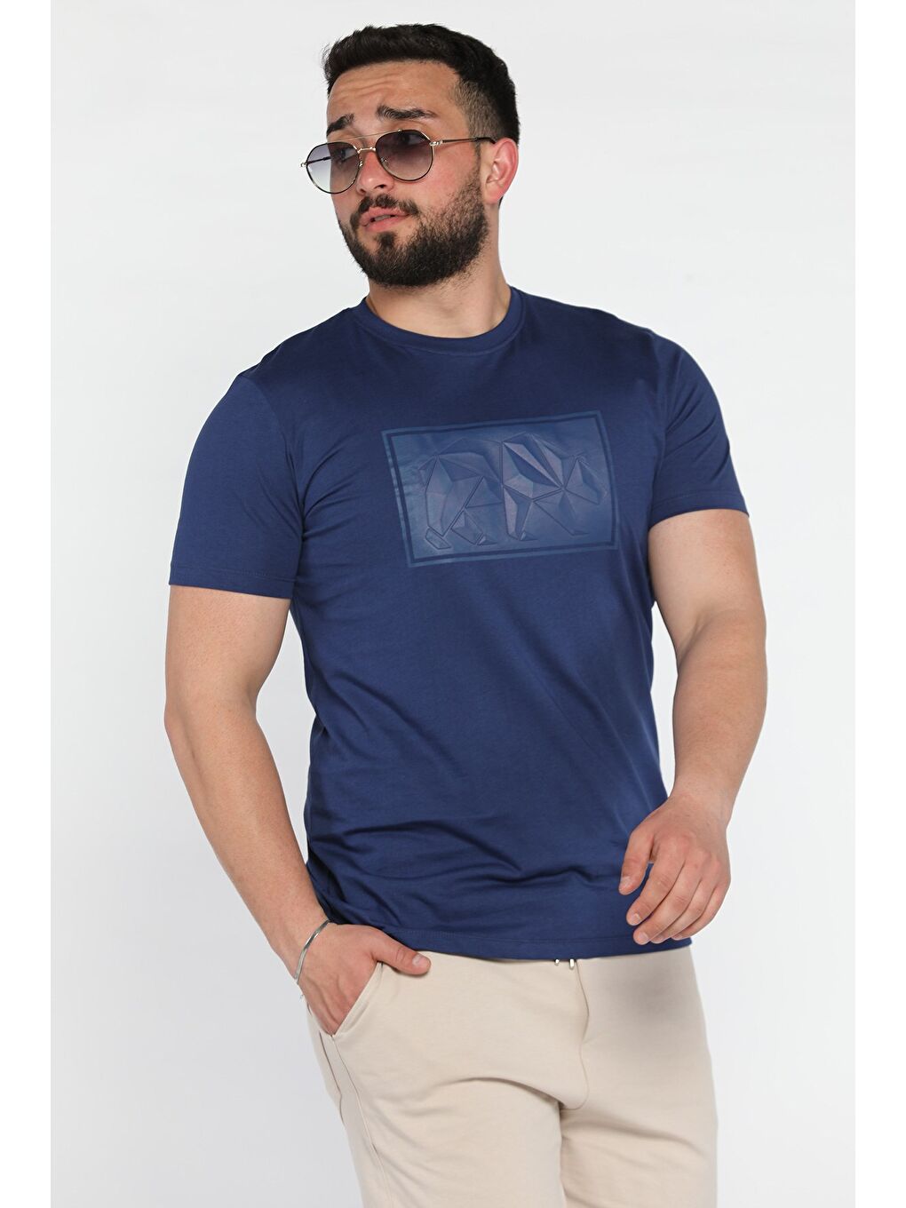 Lacivert Erkek Bisiklet Yaka Baskılı Tişört