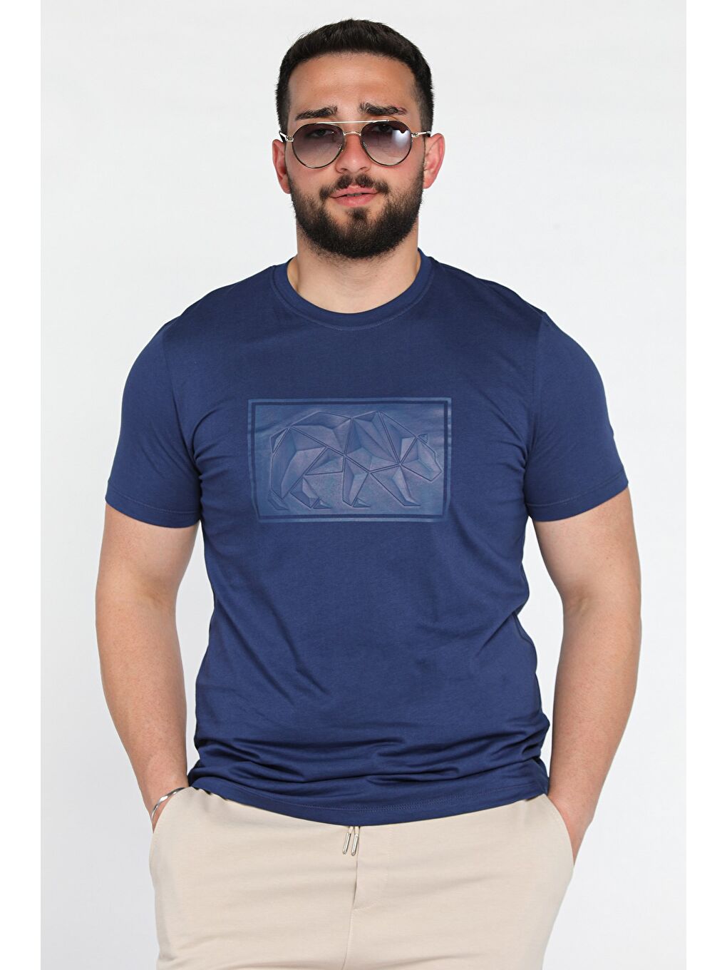 Lacivert Erkek Bisiklet Yaka Baskılı Tişört-1
