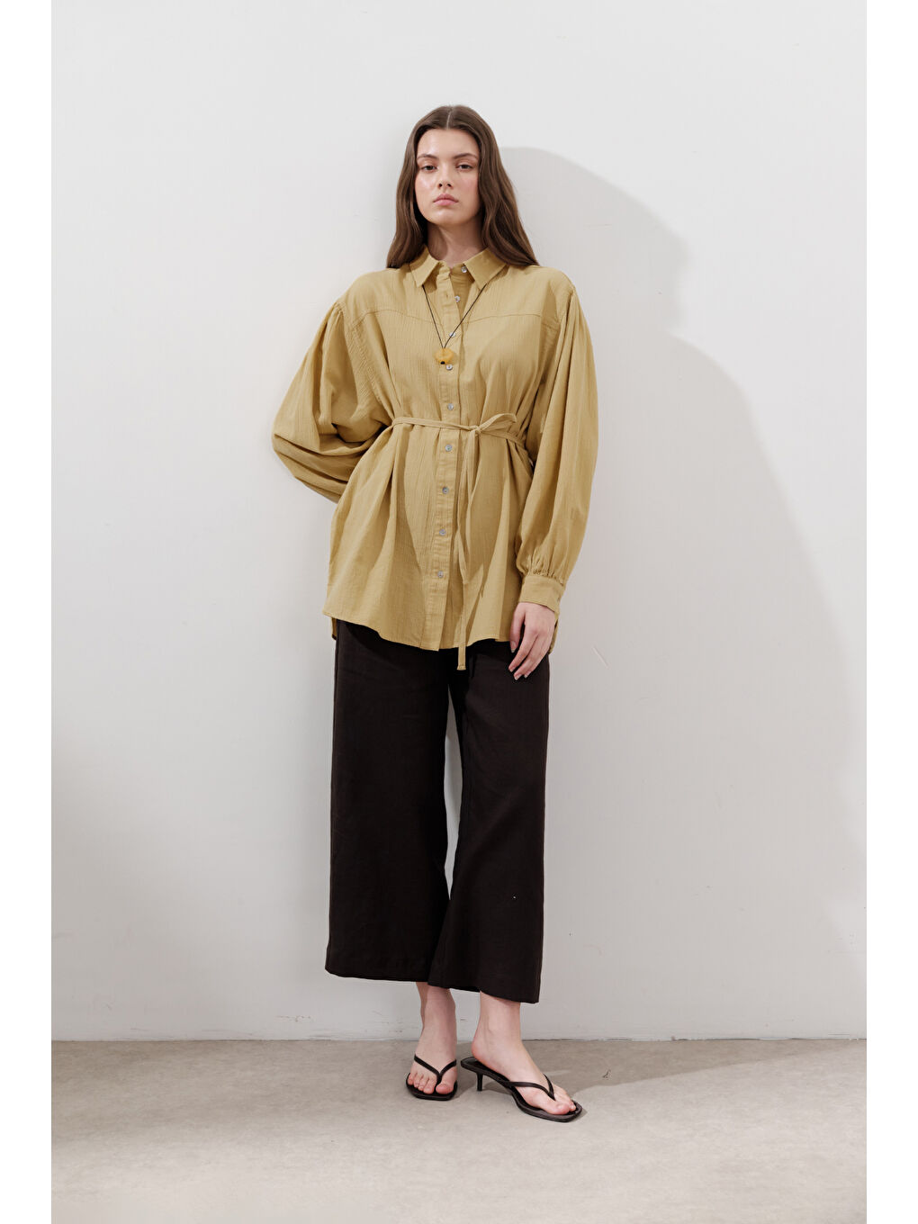 Pamuklu Balon Kol Gömlek Sarı-3