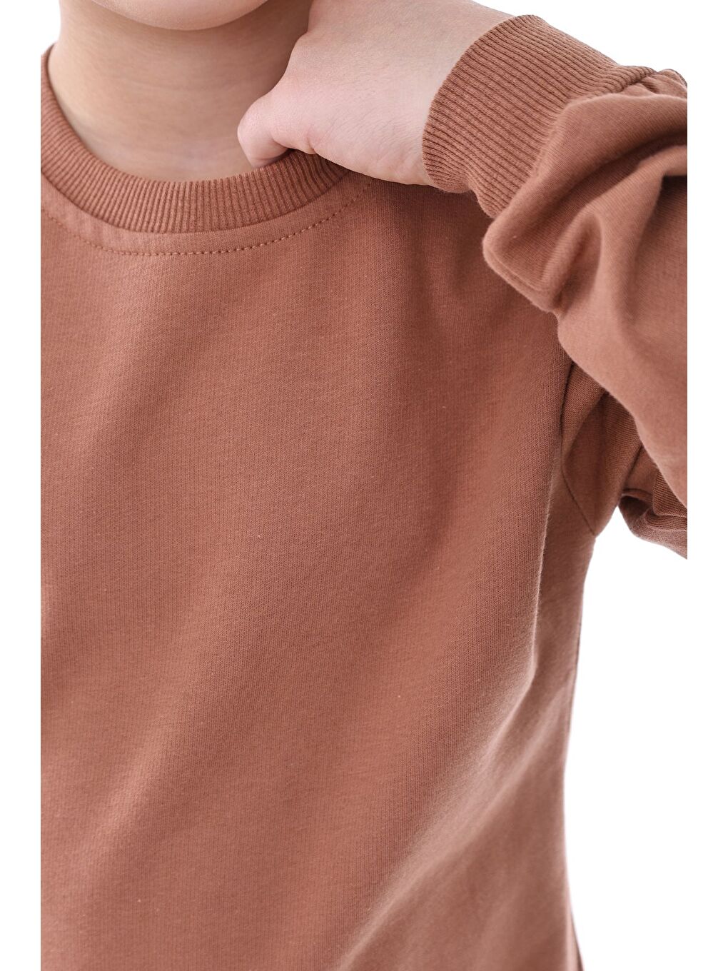 Kahverengi Basic Bisiklet Yaka Şardonlu Çocuk Sweatshirt 3-10 Yaş Krem-1