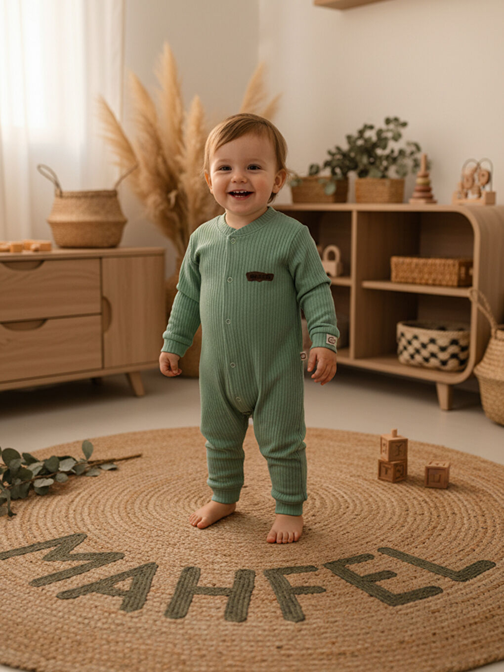 Yeşil %100 Pamuklu Fitilli Bebek Tulum Salopet AÇIK YEŞİL-1