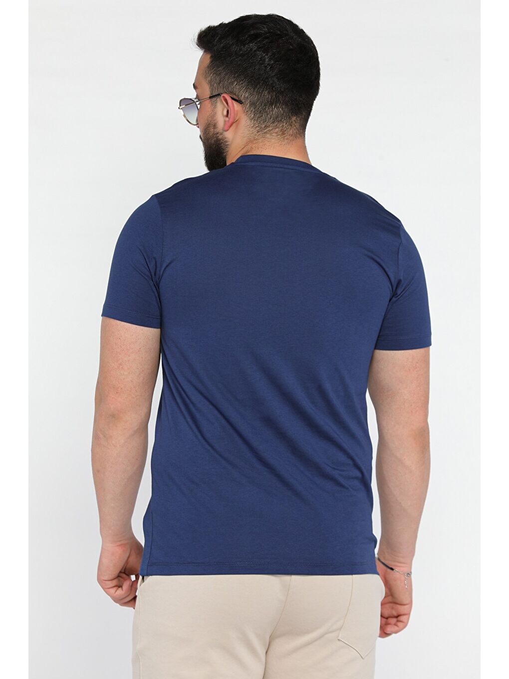 Lacivert Erkek Bisiklet Yaka Baskılı Tişört-2