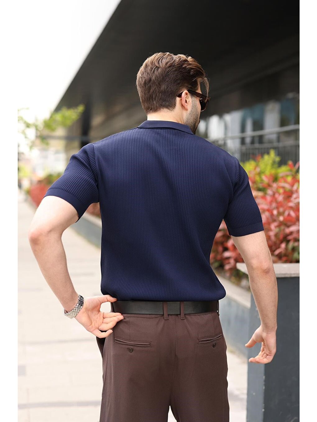 Lacivert Yarım Fermuar Detaylı Polo Yaka Triko Erkek Tişört E7492-3