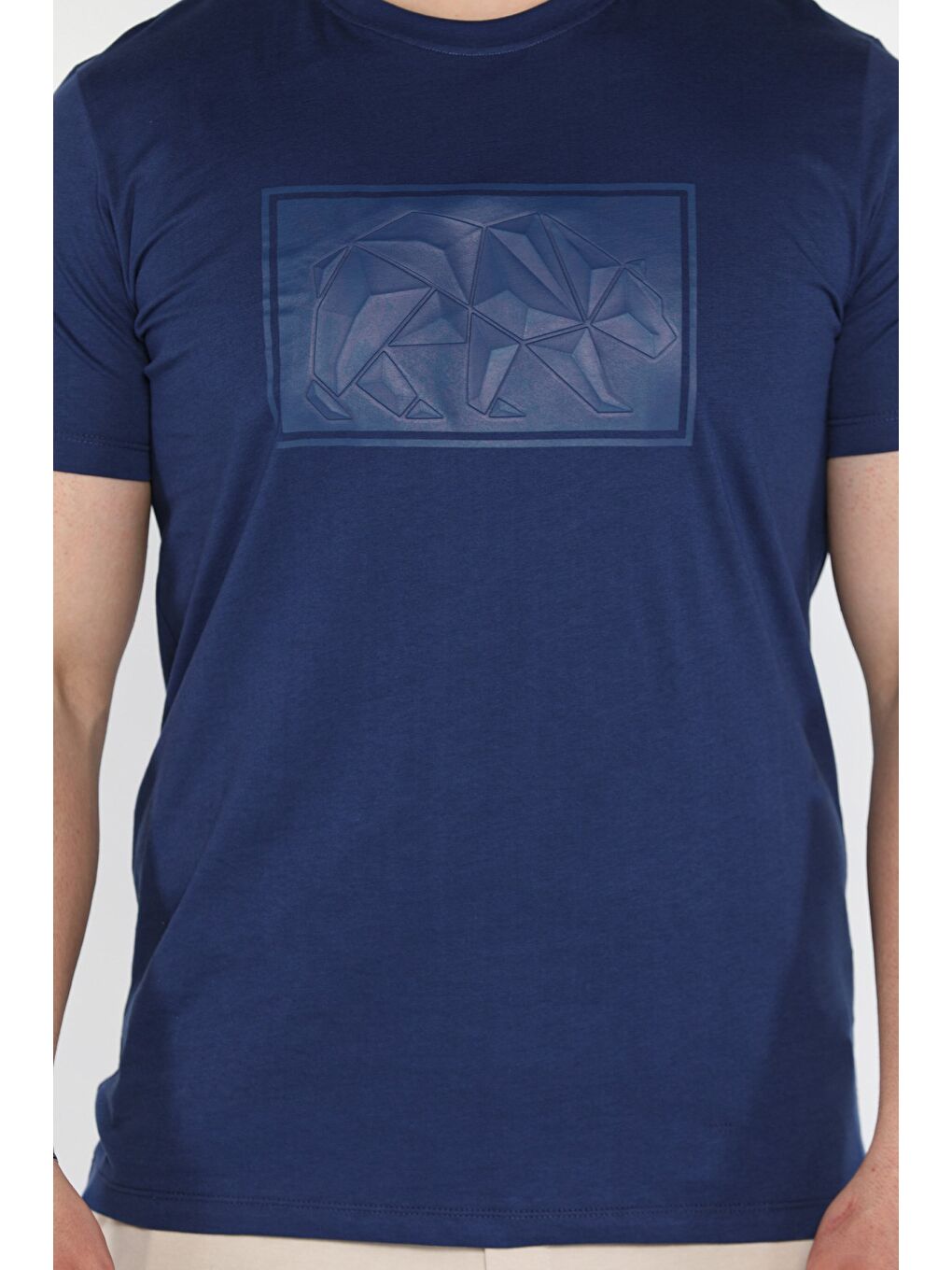 Lacivert Erkek Bisiklet Yaka Baskılı Tişört-3