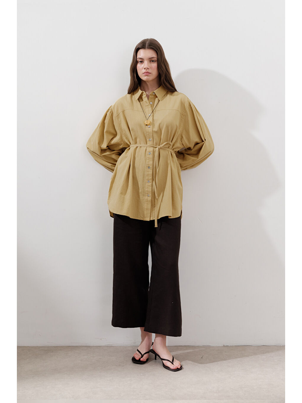 Pamuklu Balon Kol Gömlek Sarı-4