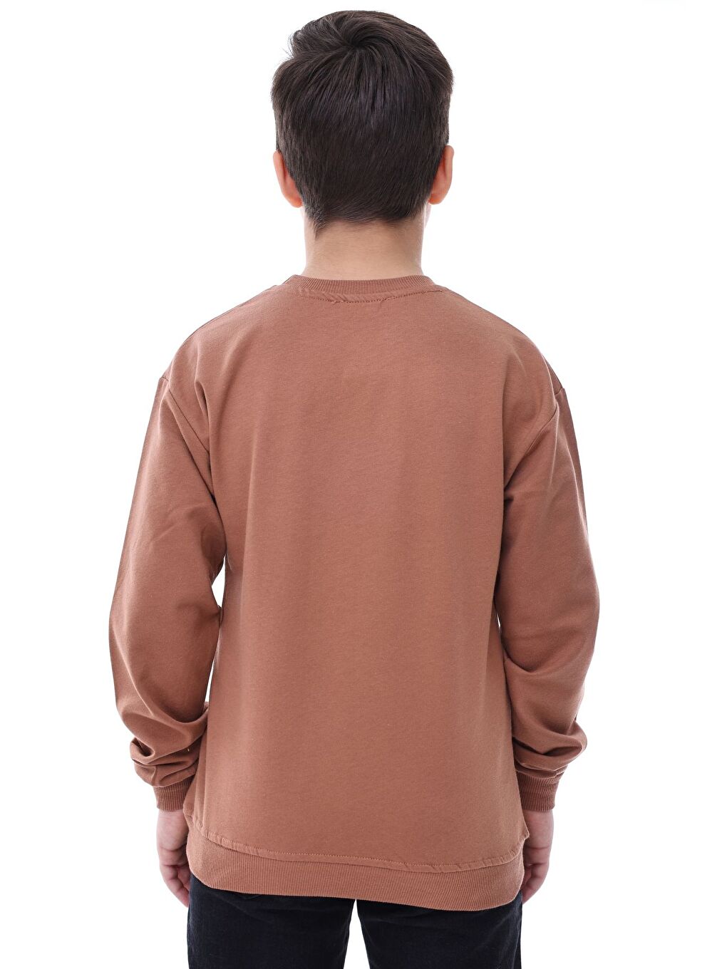 Kahverengi Basic Bisiklet Yaka Şardonlu Çocuk Sweatshirt 3-10 Yaş Krem-3