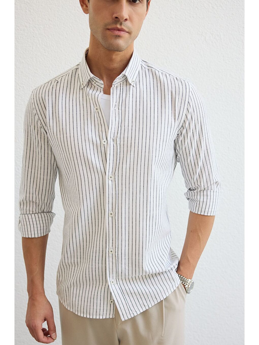 Siyah Onan Erkek Klasik Gömlek Modern Slim Fit Keten Görünümlü İnce Çizgili Desen-8