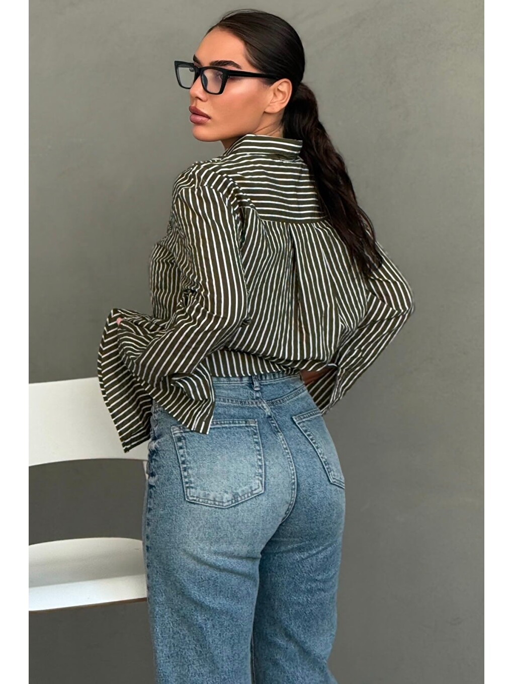 Haki Çizgili Sendy Kumaş Kadın Gömlek Mg2834-2
