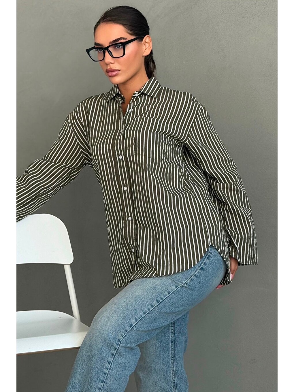 Haki Çizgili Sendy Kumaş Kadın Gömlek Mg2834-3