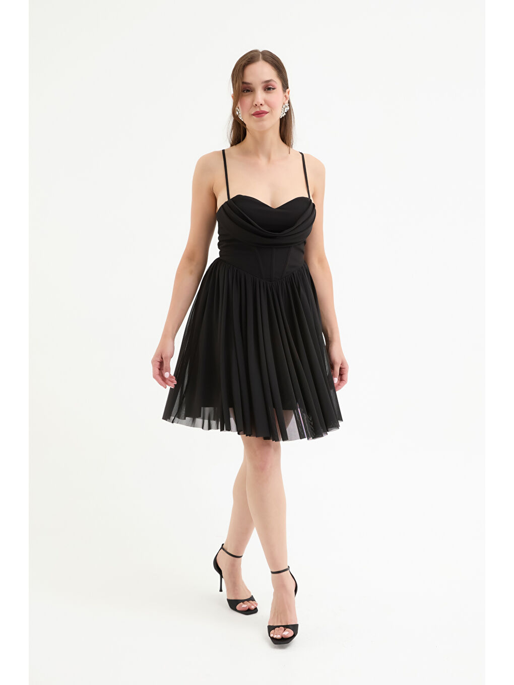 Kadın Siyah Askılı Mini Mezuniyet Abiye Elbise-1