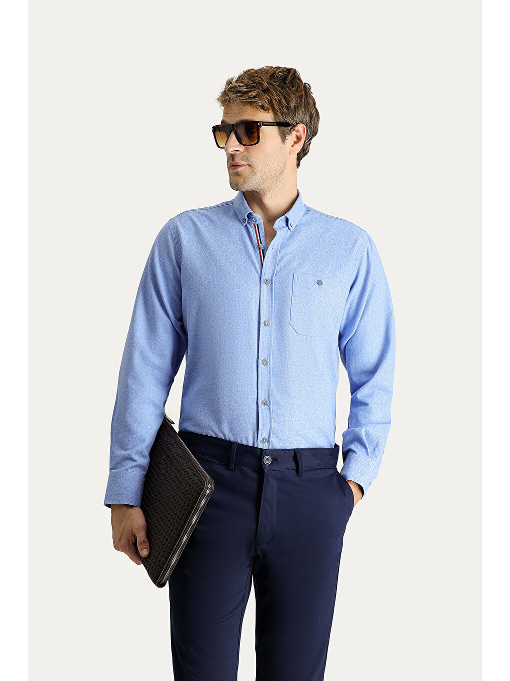 Mavi Uzun Kol Regular Fit Pamuklu Düğmeli Yaka Büyük Beden Gömlek-1