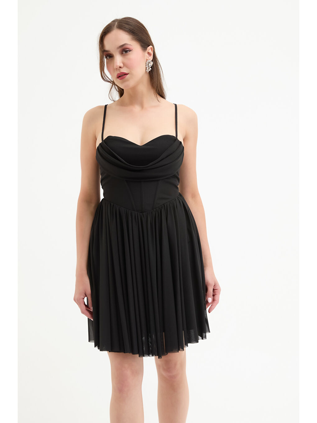 Kadın Siyah Askılı Mini Mezuniyet Abiye Elbise-2