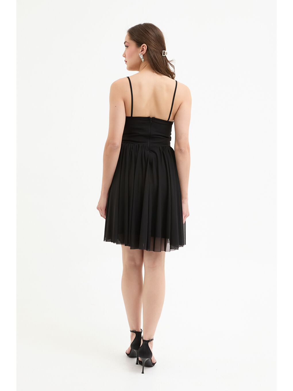 Kadın Siyah Askılı Mini Mezuniyet Abiye Elbise-4