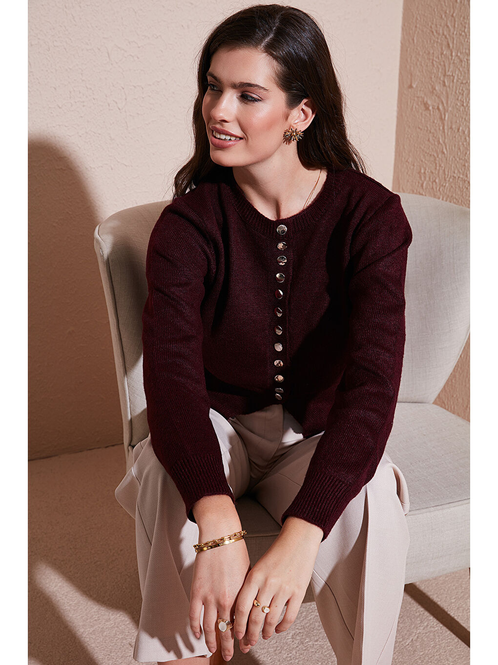 Bordo Premium Comfort Fit Yuvarlak Yaka Crop Triko Hırka 680HI00164-3