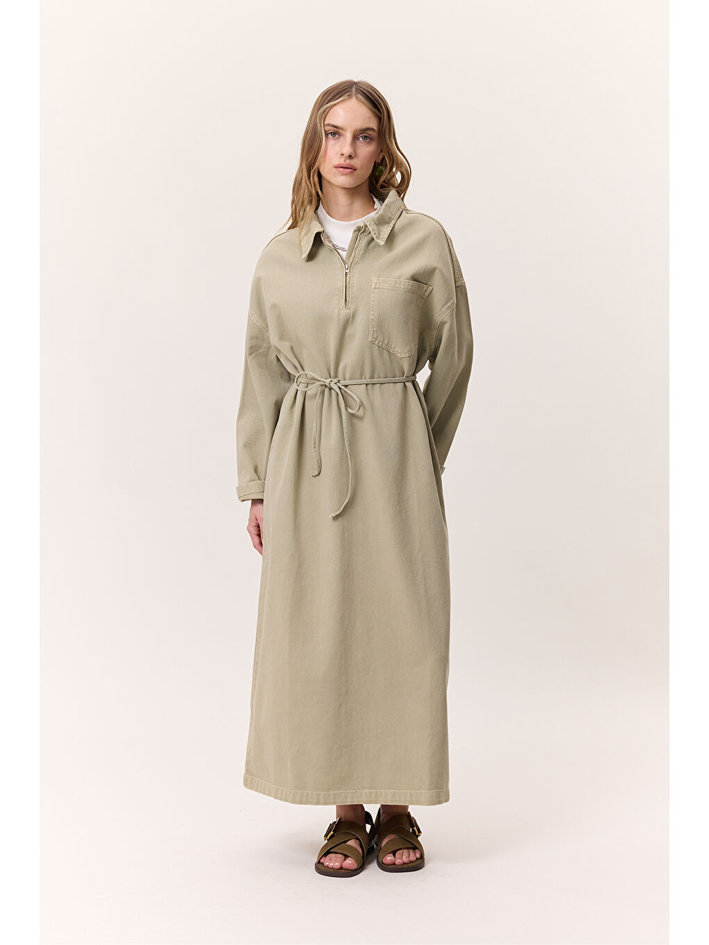 Yeşil Yaka Detaylı Denim Elbise Çağla