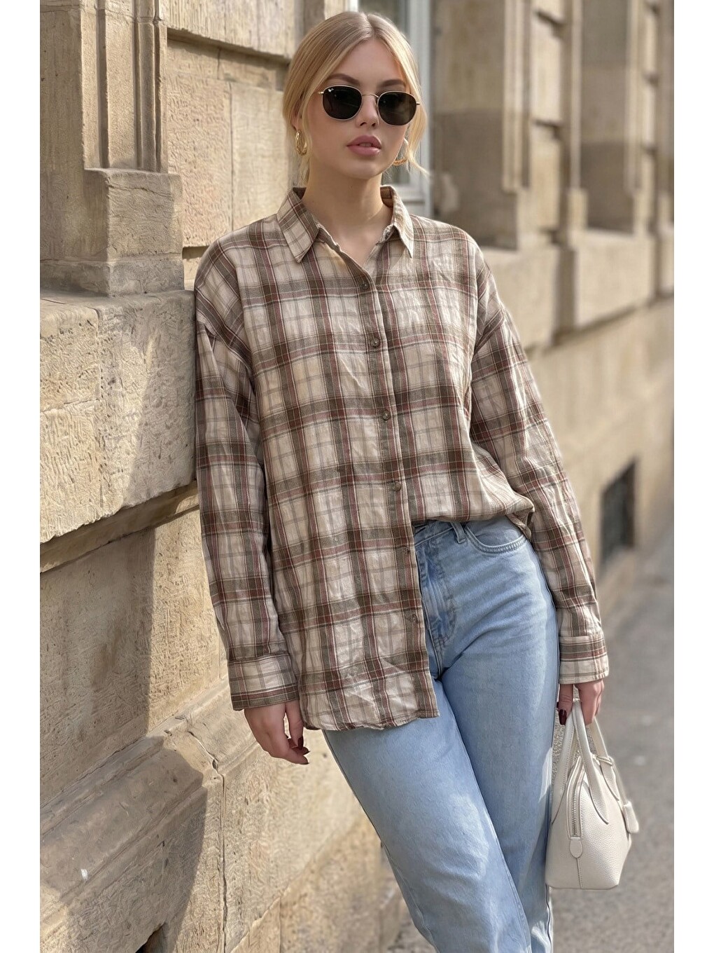 Haki Basic Kare Desenli Kadın Gömlek Mg2828-1