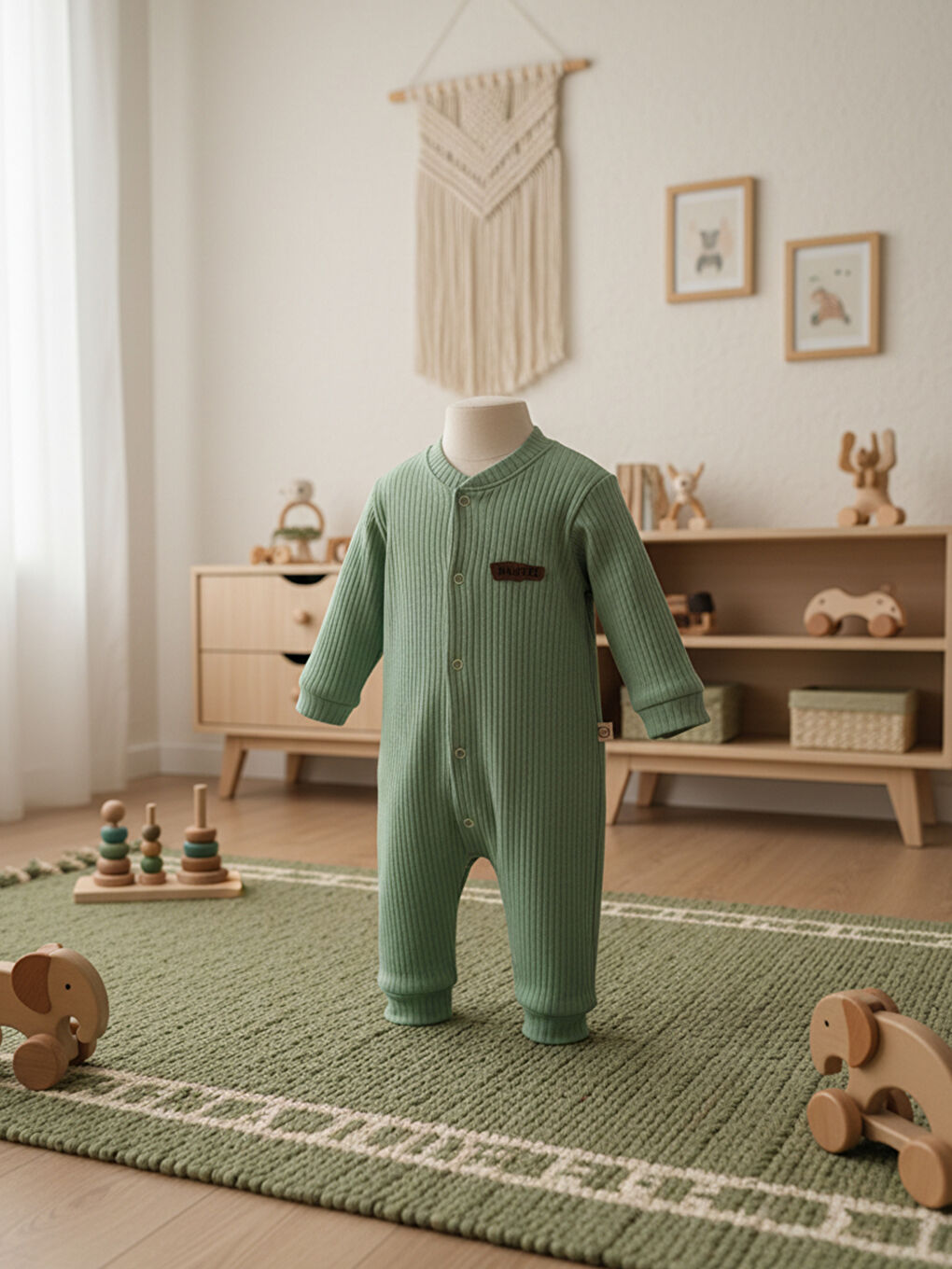 Yeşil %100 Pamuklu Fitilli Bebek Tulum Salopet AÇIK YEŞİL-6