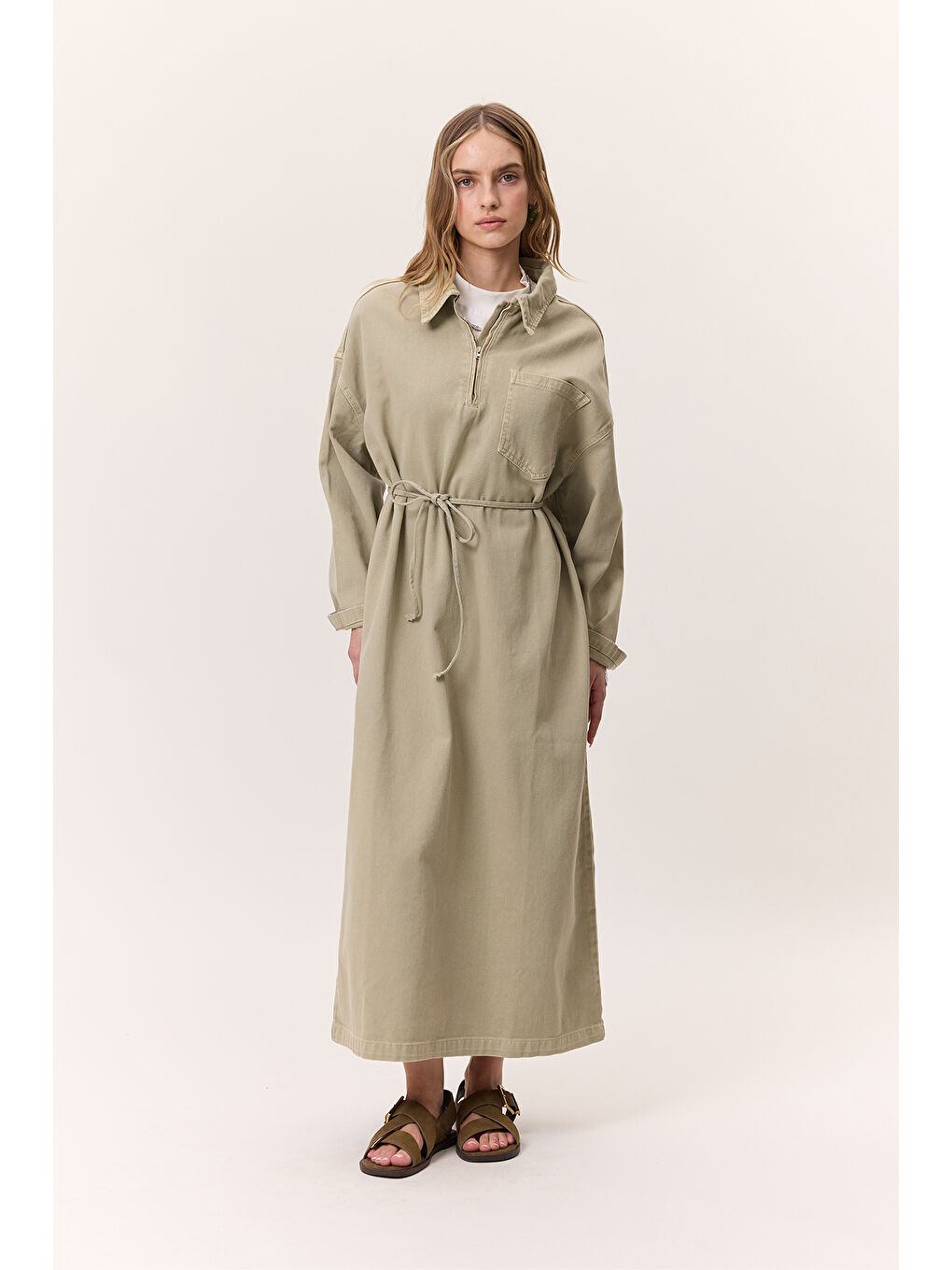 Yeşil Yaka Detaylı Denim Elbise Çağla-1