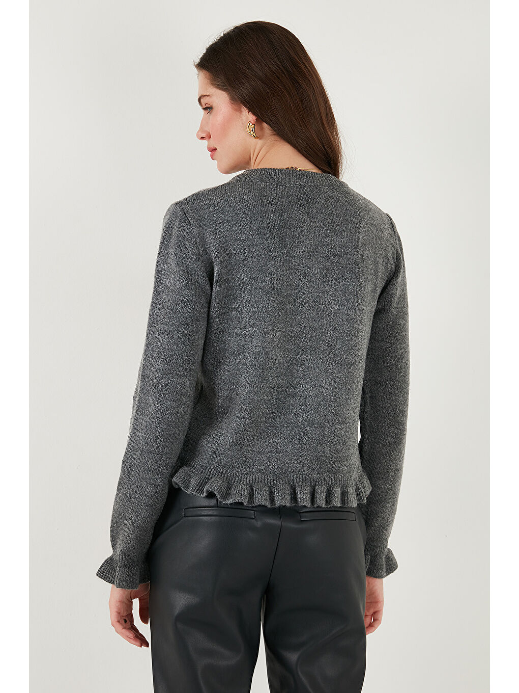 Antrasit Premium Pile Detaylı Regular Fit Yuvarlak Yaka Kadın Triko Hırka 680HI00038-6