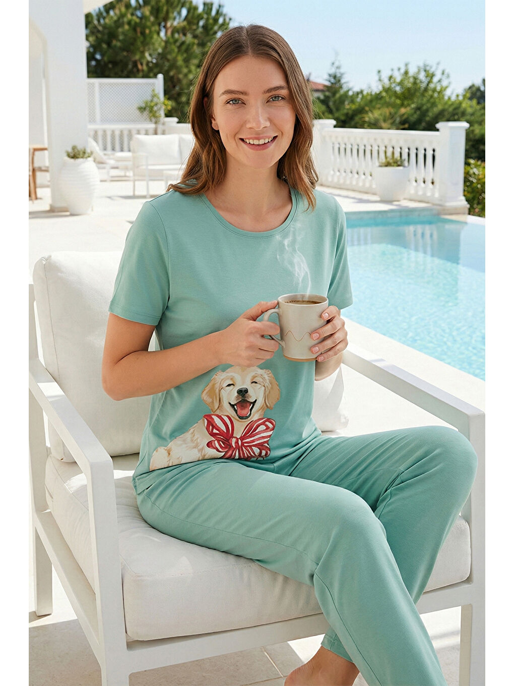 Yeşil Kadın Kısa Kol Milan Kumaş Pijama Takımı 50125-3318 Mint-3