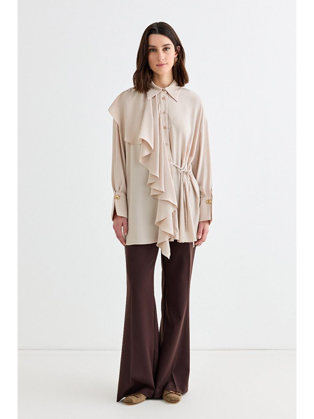Bej Morina Volanlı Bağlamalı Gömlek Taş