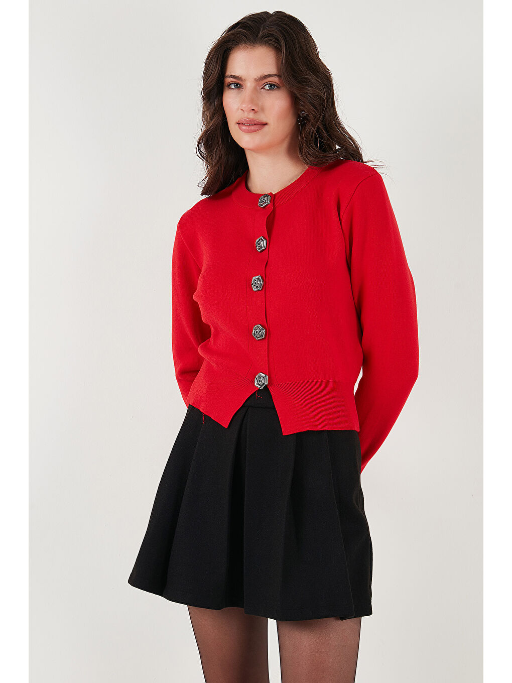 Kırmızı Premium Regular Fit Yuvarlak Yaka Crop Triko Hırka 680HI00110-5