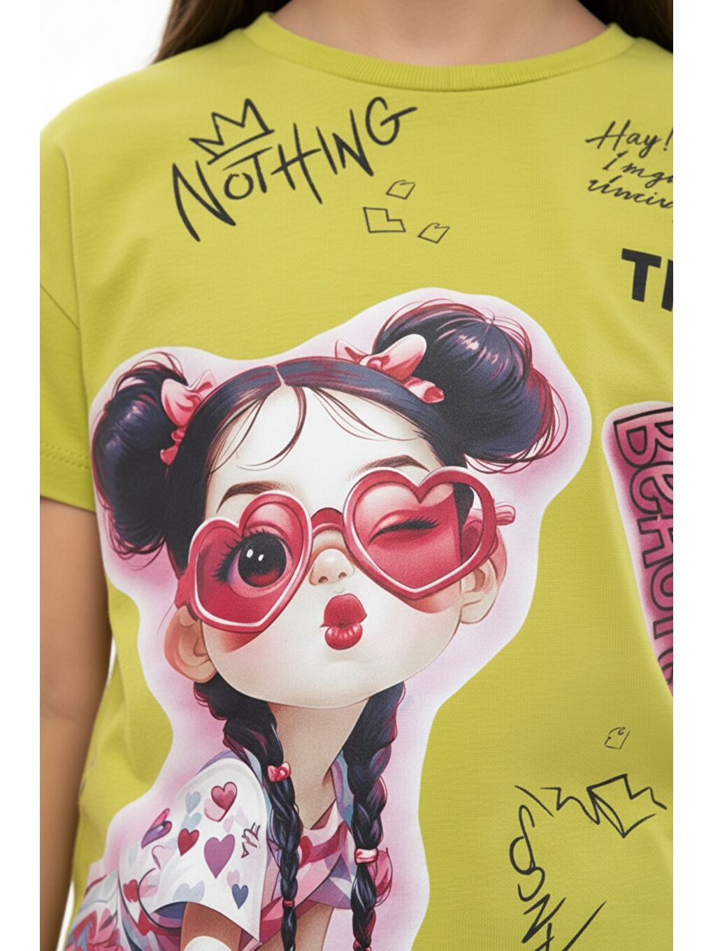 Yeşil Kız Çocuk 2'li Şortlu Takım Bisiklet Yaka Kısa Kollu Baskılı Tişört - Beli Lastikli Bağlamalı Cepli-4