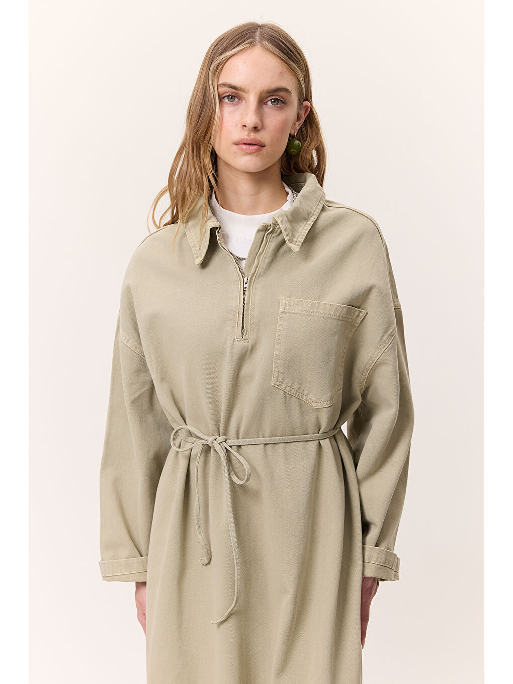 Yeşil Yaka Detaylı Denim Elbise Çağla-2