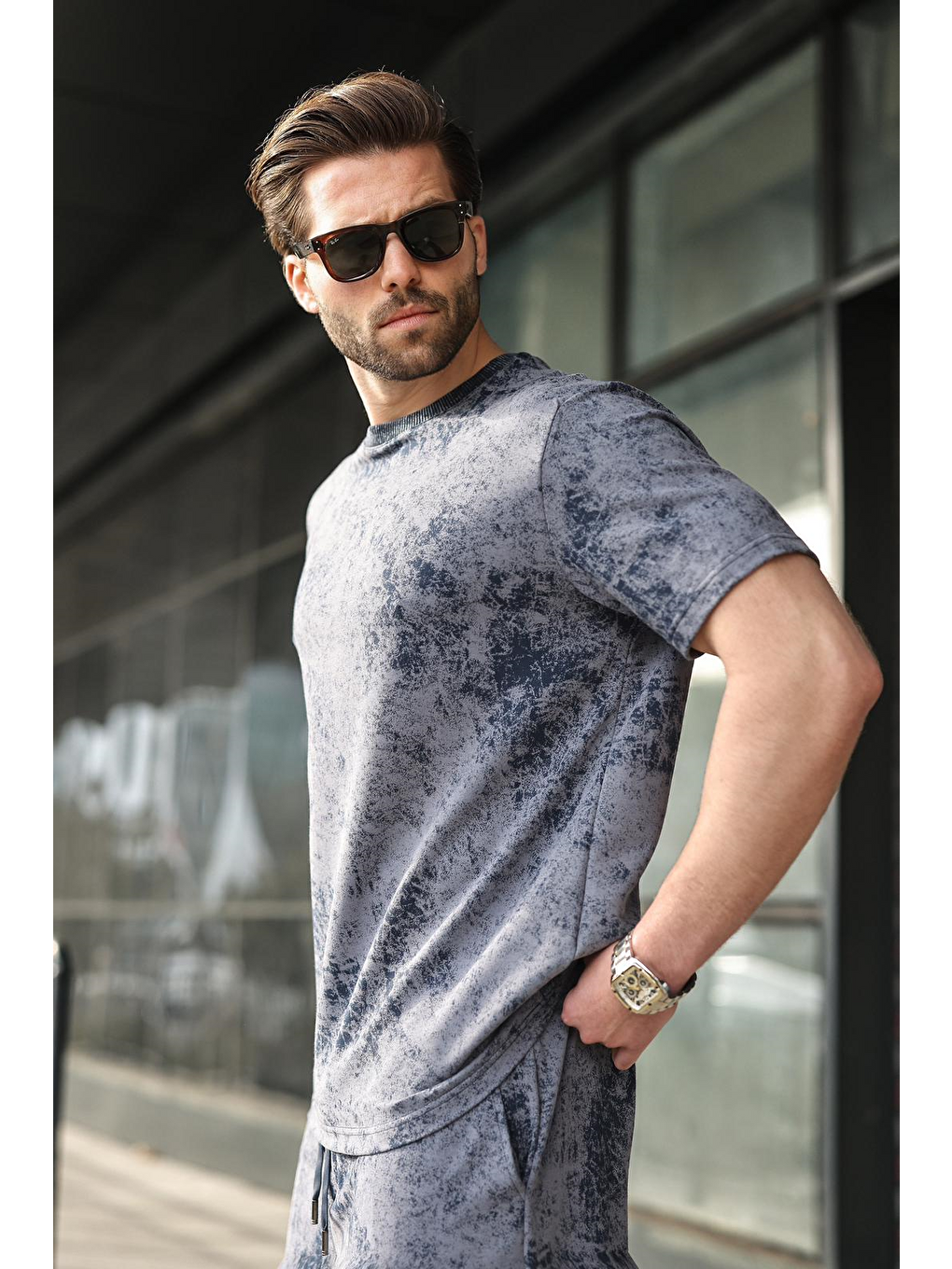 Lacivert Batik Desenli Overfit Şort T-Shirt Takım E7357-4