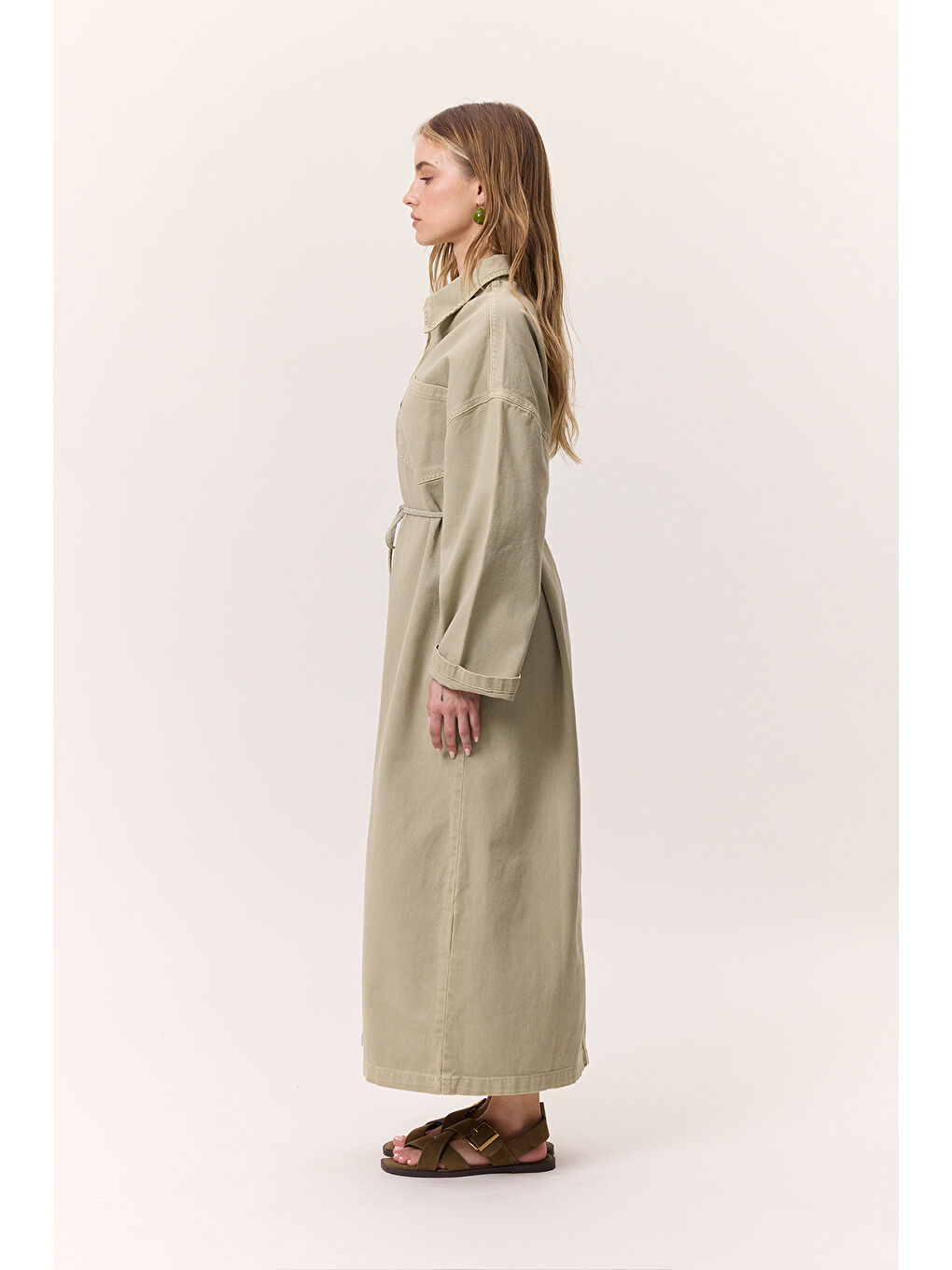 Yeşil Yaka Detaylı Denim Elbise Çağla-3