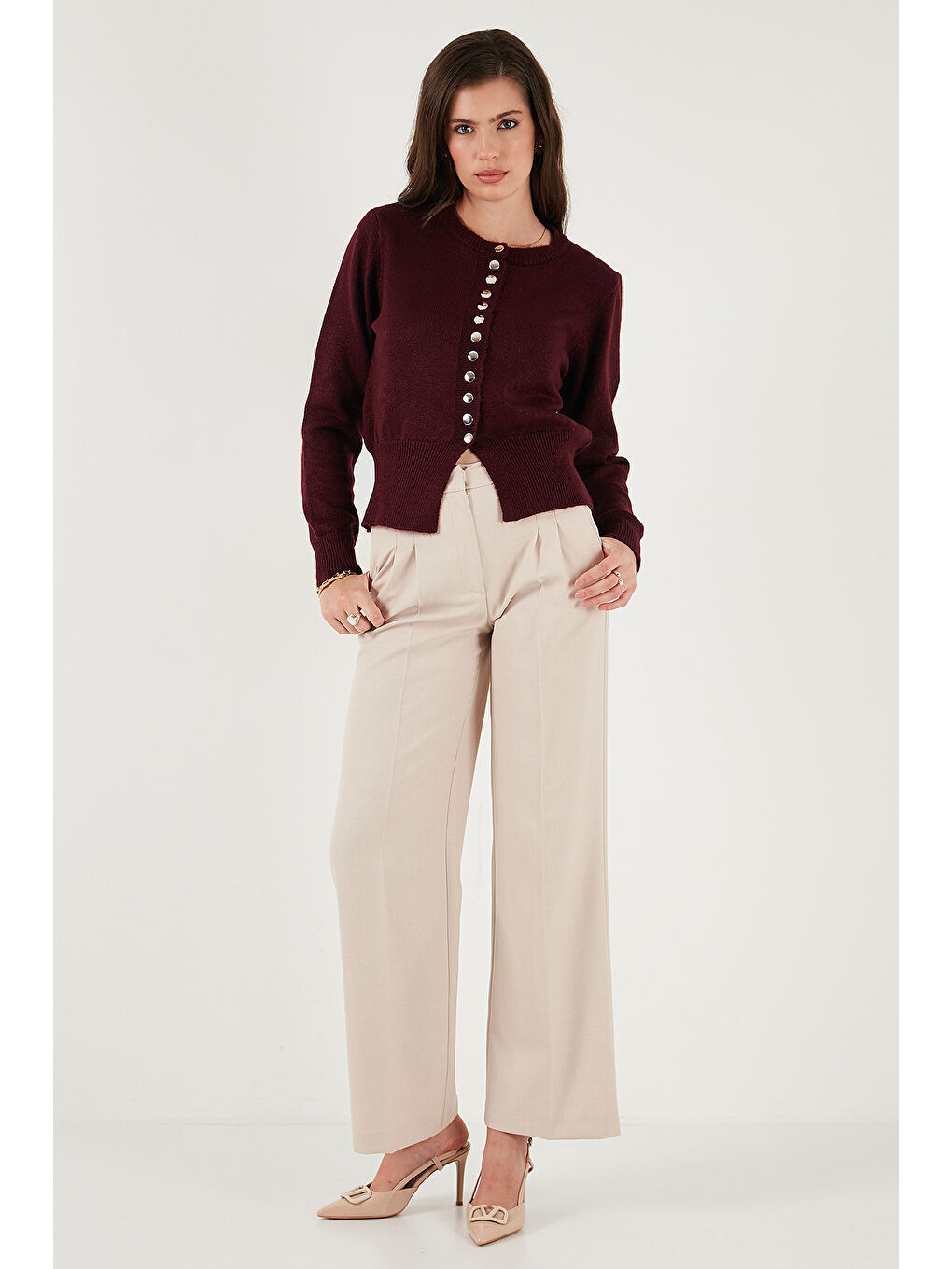 Bordo Premium Comfort Fit Yuvarlak Yaka Crop Triko Hırka 680HI00164-4