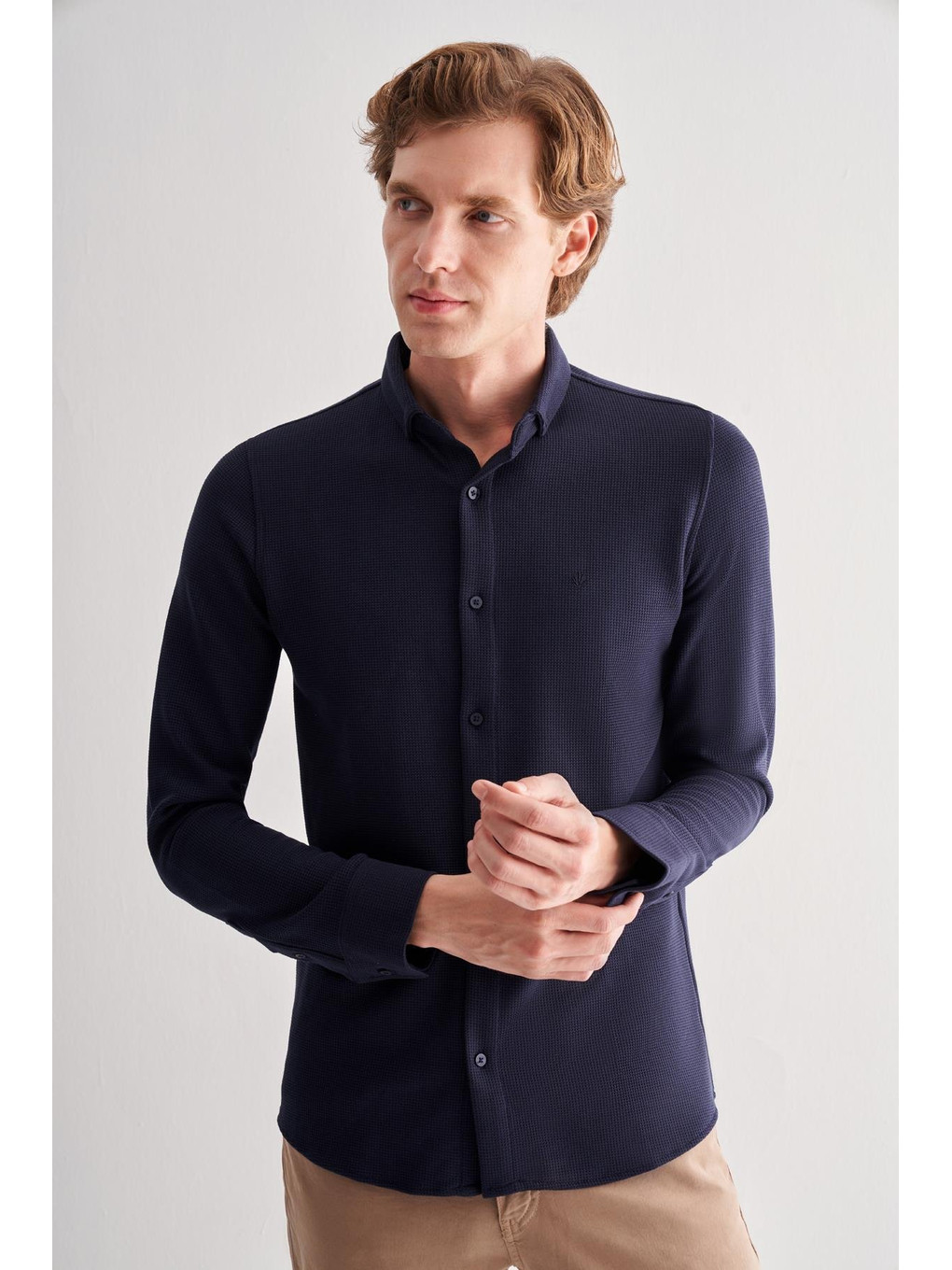 Koyu Lacivert Smart Düğmeli Yaka Uzun Kol Cepsiz Slim Fit Casual Gömlek 1004255167-2