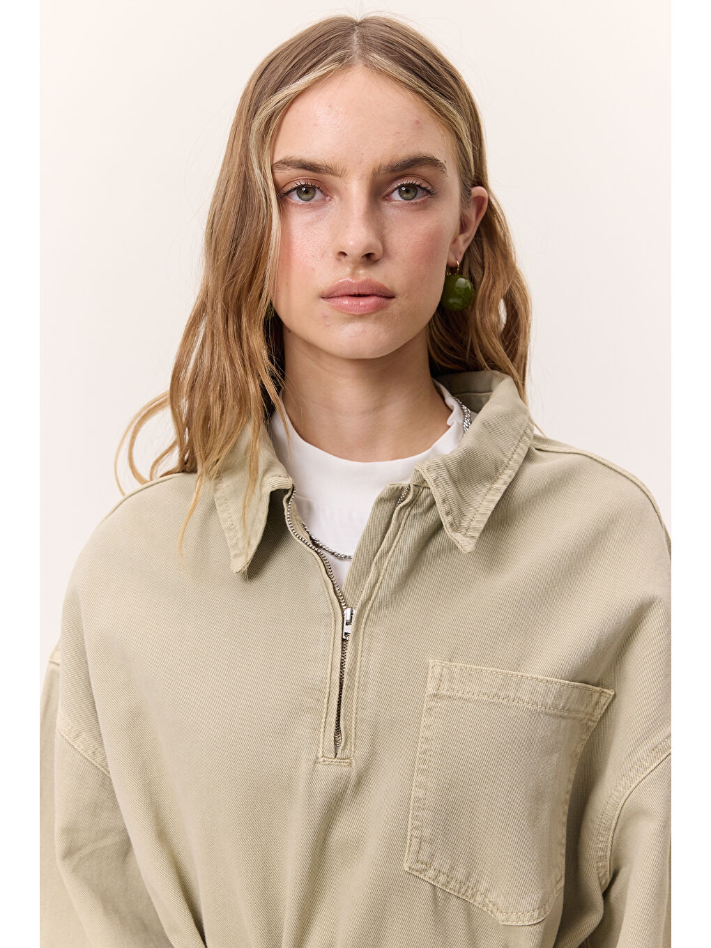 Yeşil Yaka Detaylı Denim Elbise Çağla-4