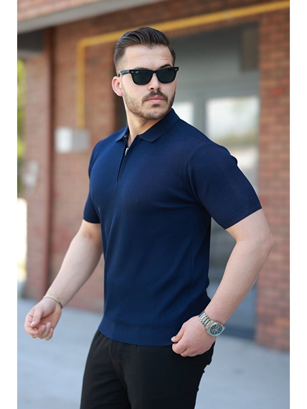 Lacivert Erkek Fermuarlı Yakalı Kısa Kollu Tshirt-1