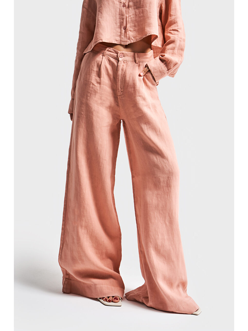 Pembe Kadın Orkide Pudra Renk 6s5-21 Palazzo Fit Keten Kumaş Bol Kesim Pantolon