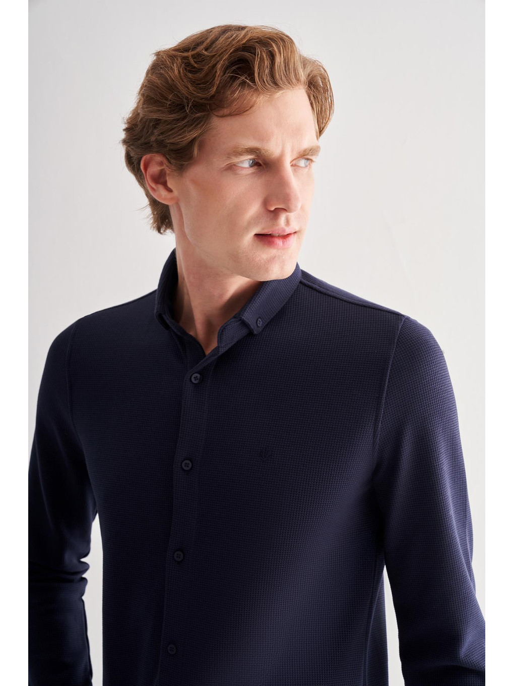 Koyu Lacivert Smart Düğmeli Yaka Uzun Kol Cepsiz Slim Fit Casual Gömlek 1004255167-3