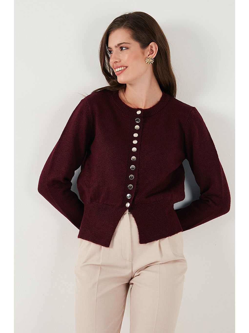 Bordo Premium Comfort Fit Yuvarlak Yaka Crop Triko Hırka 680HI00164-5