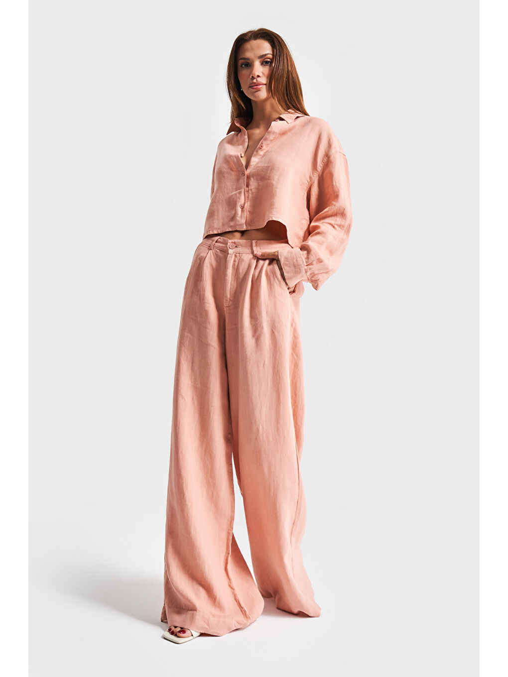 Pembe Kadın Orkide Pudra Renk 6s5-21 Palazzo Fit Keten Kumaş Bol Kesim Pantolon-1