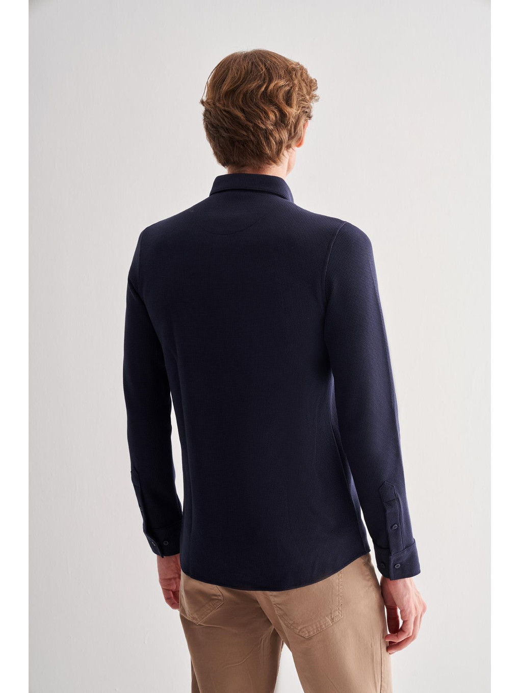 Koyu Lacivert Smart Düğmeli Yaka Uzun Kol Cepsiz Slim Fit Casual Gömlek 1004255167-4